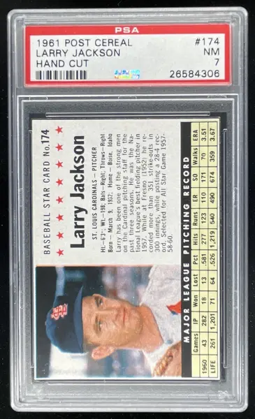 1961 Post Cereal Hand Cut #174 Larry Jackson PSA 7