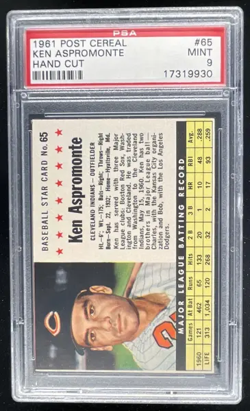 1961 Post Cereal Hand Cut #65 Ken Aspromonte PSA 9