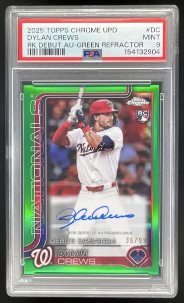 2025 Topps Chrome Rookie Debut Green Refractor Dylan Crews RC Auto /99 PSA 9
