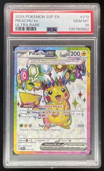2024 Pokemon Surging Sparks #219/191 Pikachu Ex PSA 10
