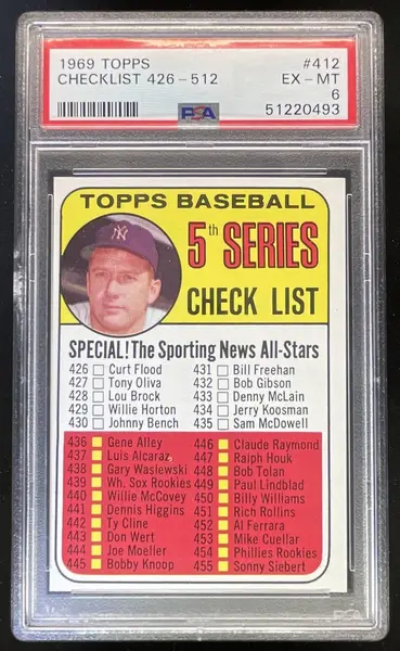 1969 Topps #412 5th Series Check List: 426-512 Mickey Mantle, PSA 6