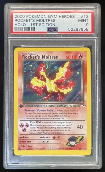 2000 Pokemon Gym Heroes 1st Edition #12/132 Rocket's Moltres Holo PSA 9