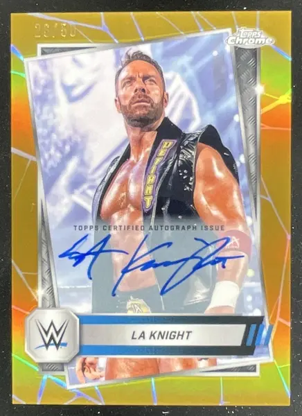 2025 Topps Chrome WWE Chrome Autographs Gold Refractors #118 LA Knight Auto /50