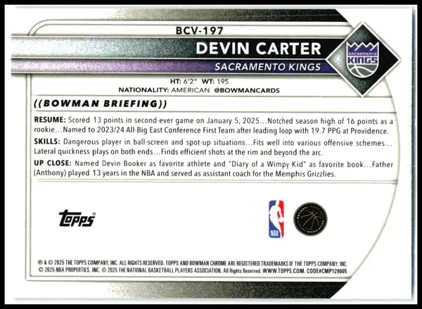 2025-26 Bowman Chrome Reptilian Refractor #BCV-197 Devin Carter Kings