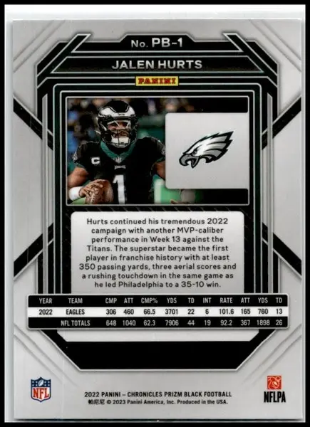 2022 Panini Chronicles Prizm Black #PB-1 Jalen Hurts Philadelphia Eagles