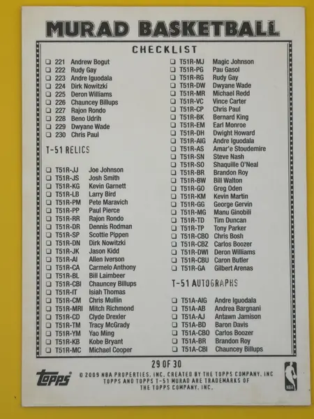 2008-09 Topps T-51 Murad Checklists #29 Kobe Bryant Los Angeles Lakers