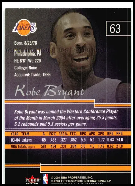 2004-05 Fleer Showcase #63 Kobe Bryant Los Angeles Lakers