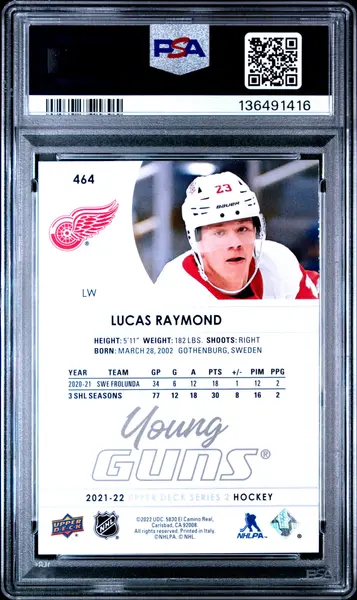 Lucas Raymond 2021 Upper Deck Young Guns Rookie Detroit Red Wings Hockey RC Card #464 Graded PSA 10 Cert #136491416