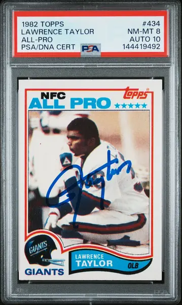 Lawrence Taylor 1982 Topps All-Pro New York Giants Signed Football RC Rookie Card #434 Graded PSA 8 Auto 10 Cert #144419492