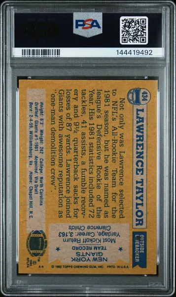Lawrence Taylor 1982 Topps All-Pro New York Giants Signed Football RC Rookie Card #434 Graded PSA 8 Auto 10 Cert #144419492