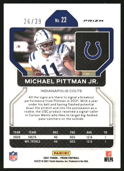2021 Panini Prizm Prizms Asia Red and Yellow #22 Michael Pittman Jr. /39