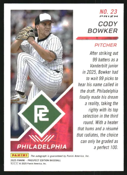 2025 Panini Prospect Edition Holo Prospect Ticket Signatures Prizms Silver #23 Cody Bowker Auto