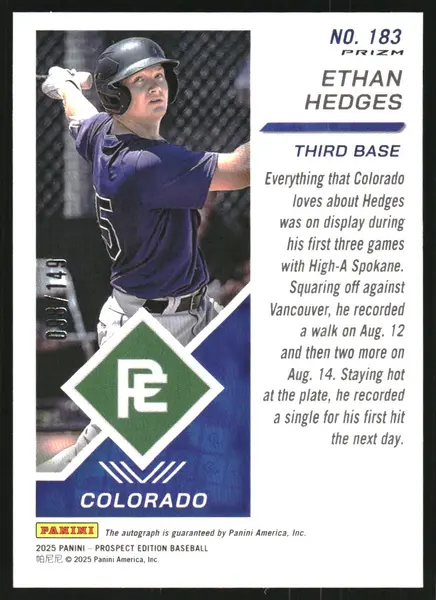 2025 Panini Prospect Edition Holo Prospect Ticket Signatures Prizms Blue #183 Ethan Hedges Auto /149