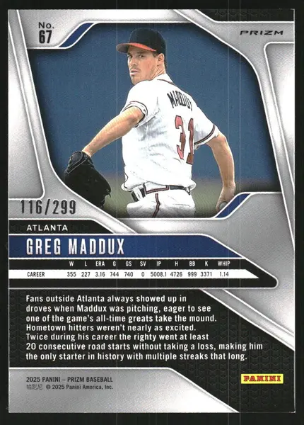 2025 Panini Prizm Prizms Red #67 Greg Maddux /299