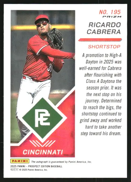 2025 Panini Prospect Edition Holo Prospect Ticket Signatures Prizms Green #195 Ricardo Cabrera Auto