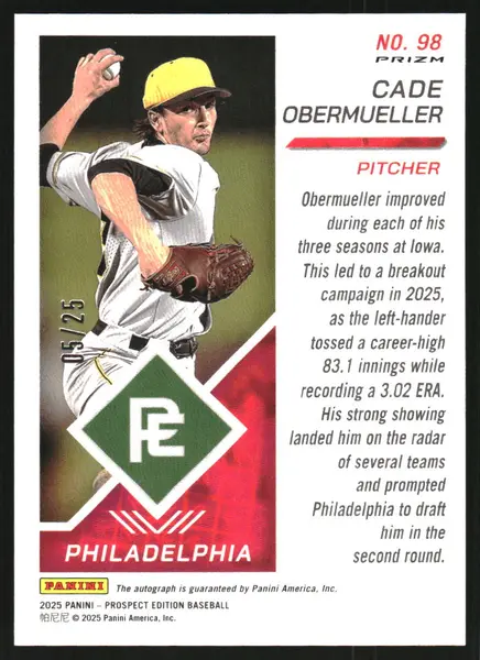 2025 Panini Prospect Edition Holo Prospect Ticket Signatures Prizms Mojo #98 Cade Obermueller Auto /25