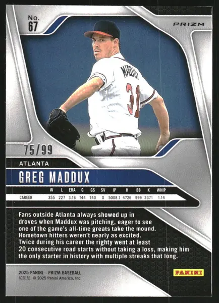 2025 Panini Prizm Prizms Red Power #67 Greg Maddux /99