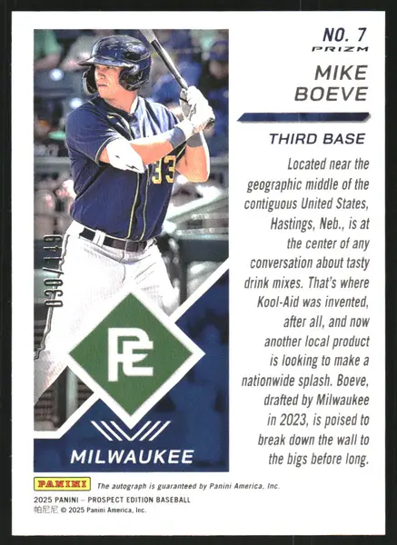 2025 Panini Prospect Edition Holo Prospect Ticket Signatures Prizms Blue #7 Mike Boeve Auto /149