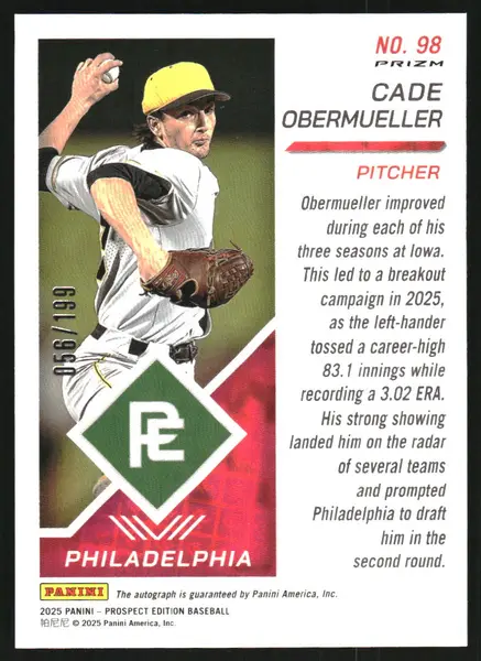 2025 Panini Prospect Edition Holo Prospect Ticket Signatures Prizms Red #98 Cade Obermueller Auto /199