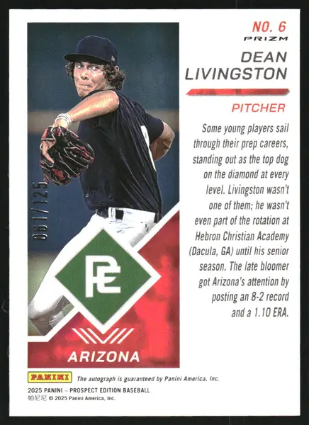2025 Panini Prospect Edition Holo Prospect Ticket Signatures Prizms Purple #6 Dean Livingston Auto /125