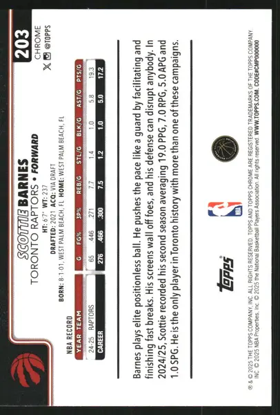 2025-26 Topps Chrome Red White and Blue Refractors #203 Scottie Barnes