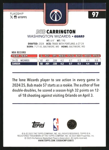 2025-26 Topps Season Tip Off #97 Bub Carrington