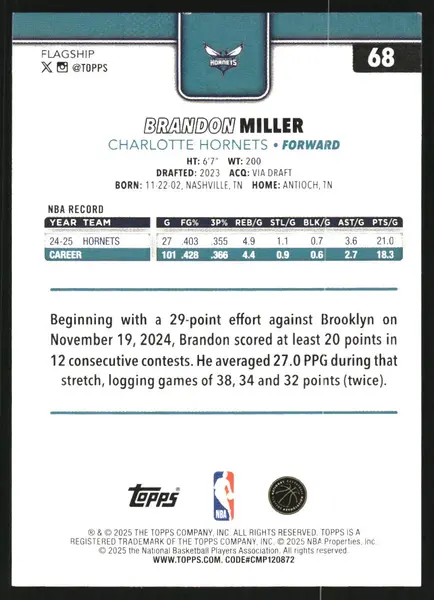 2025-26 Topps Season Tip Off #68 Brandon Miller