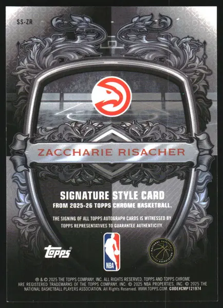 2025-26 Topps Chrome Signature Style #SSZR Zaccharie Risacher Auto