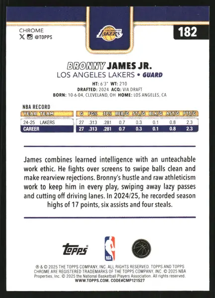 2025-26 Topps Chrome Sapphire #182 Bronny James Jr.