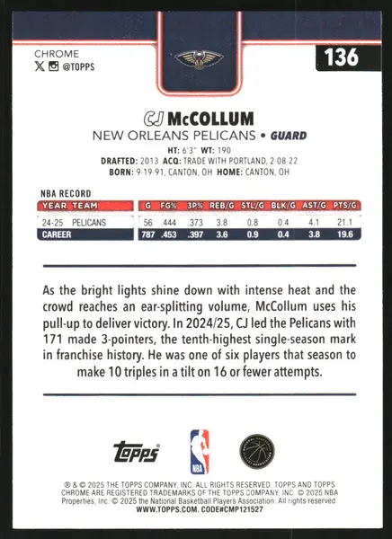 2025-26 Topps Chrome Green Wave Refractors #136 CJ McCollum /99