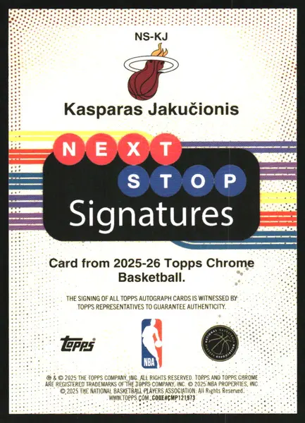 2025-26 Topps Chrome Next Stop Signatures #NSKJ Kasparas Jakucionis Auto