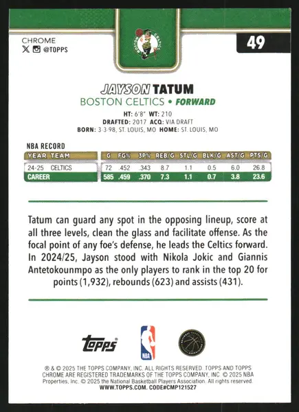 2025-26 Topps Chrome Prism Refractors #49 Jayson Tatum