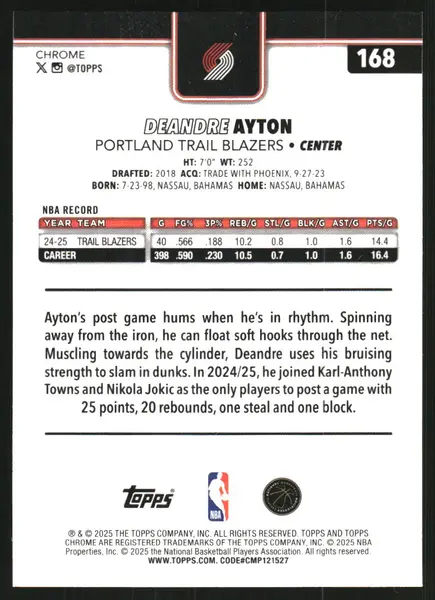 2025-26 Topps Chrome RayWave Aqua Refractors #168 Deandre Ayton /199