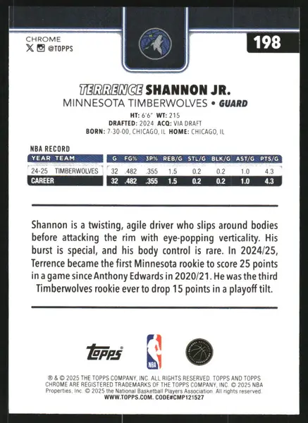 2025-26 Topps Chrome Basketball Refractors #198 Terrence Shannon Jr.
