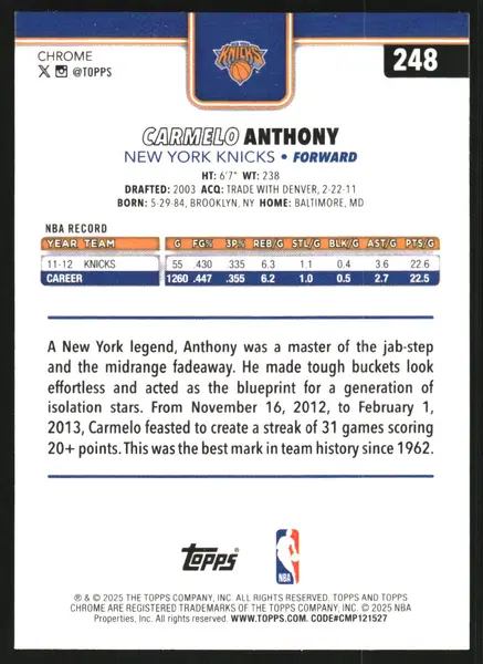 2025-26 Topps Chrome Red White and Blue Refractors #248 Carmelo Anthony