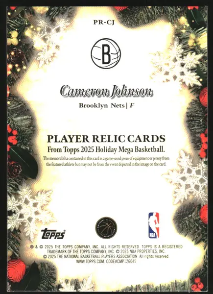 2025-26 Topps Holiday Relics Blue Metallic Glitter #PRCJ Cameron Johnson