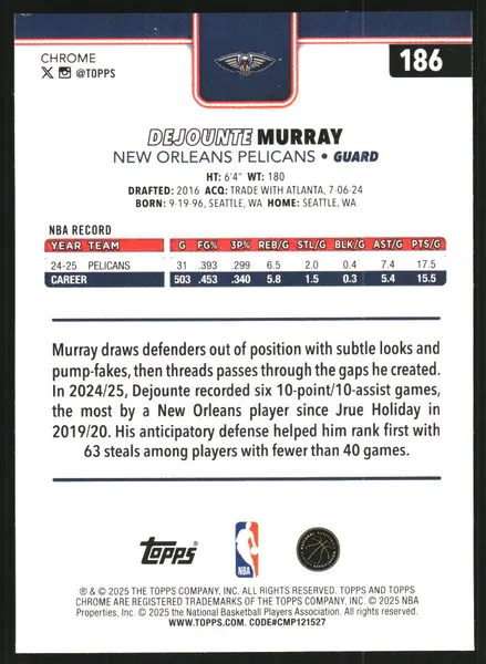 2025-26 Topps Chrome RayWave Yellow Refractors #186 Dejounte Murray /275