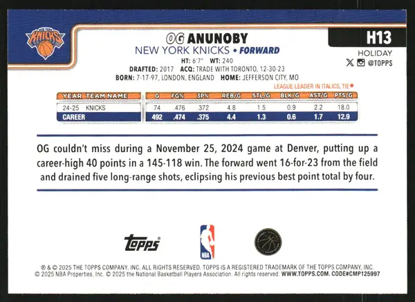 2025-26 Topps Holiday Light Blue and White Glitter Holiday #H13 OG Anunoby