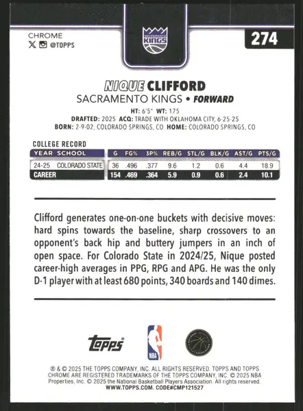 2025-26 Topps Chrome Prism Refractors #274 Nique Clifford