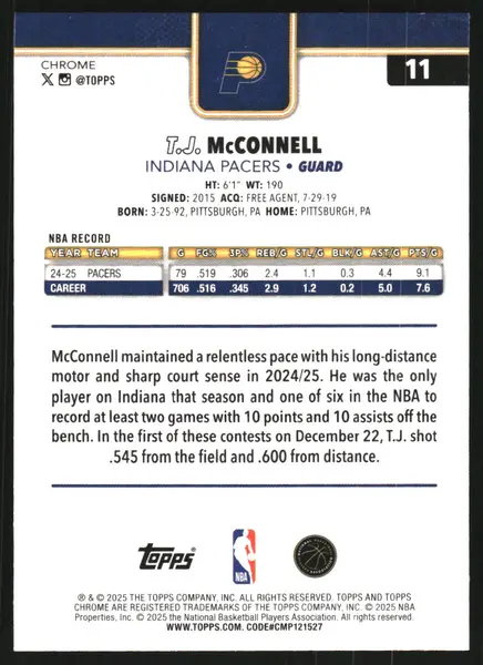 2025-26 Topps Chrome Green Wave Refractors #11 T.J. McConnell /99