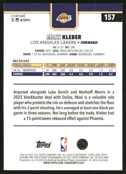 2025-26 Topps Chrome RayWave Refractors #157 Maxi Kleber