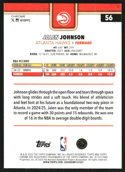 2025-26 Topps Chrome Red White and Blue Refractors #56 Jalen Johnson
