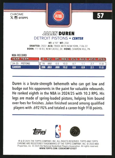 2025-26 Topps Chrome Pulsar Refractors #57 Jalen Duren