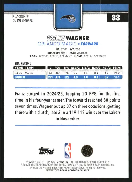 2025-26 Topps Season Tip Off #88 Franz Wagner