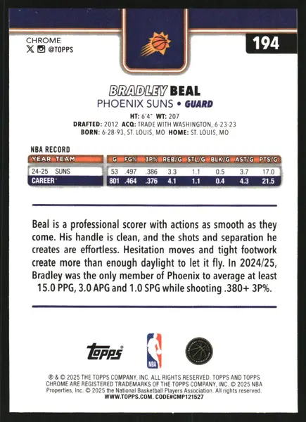 2025-26 Topps Chrome Sapphire #194 Bradley Beal