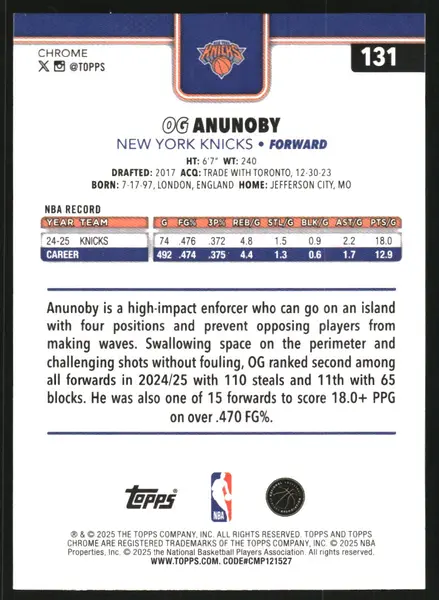 2025-26 Topps Chrome Blue Wave Refractors #131 OG Anunoby /150