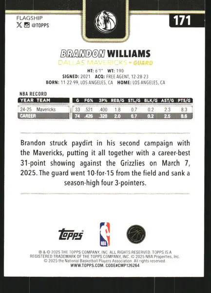 2025-26 Topps Blackout #171 Brandon Williams