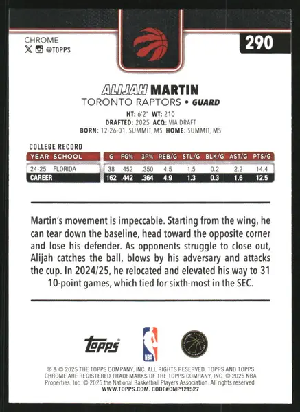 2025-26 Topps Chrome Basketball Refractors #290 Alijah Martin