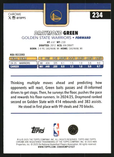 2025-26 Topps Chrome RayWave Yellow Refractors #234 Draymond Green /275