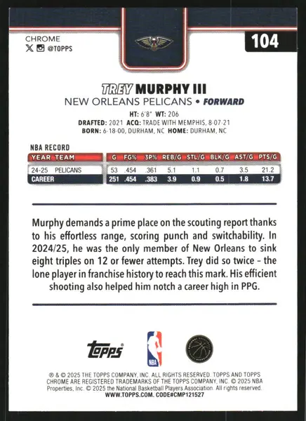 2025-26 Topps Chrome Yellow Basketball Refractors #104 Trey Murphy III /275